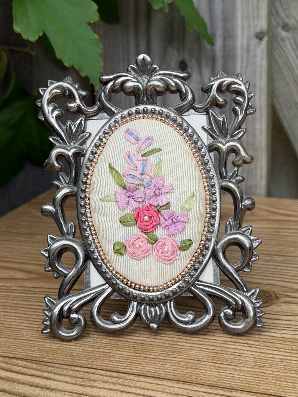 Vtg Ornate Silver Tone Picture Frame With Puffy 3D Embroidered Ribbon Flower Art